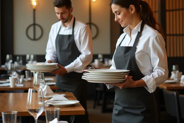 Zwei Kellner bei der Vorbereitung im Restaurant – erfahrene Servicekräfte für Eventgastronomie und Gastronomie Aushilfe gesucht