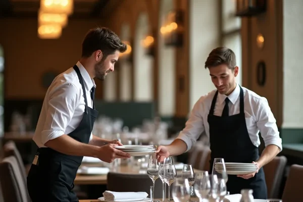 Zwei Servicekräfte bereiten einen gedeckten Tisch im gehobenen Gastronomiebereich für den Einsatz mit Aurum Personal vor