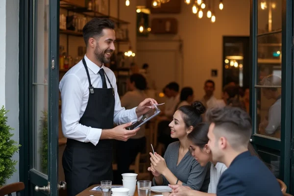 Servicekraft bedient freundlich Gäste im Restaurant – Eventgastronomie bei Aurum Personal