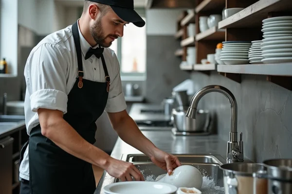 Küchenhilfe spült Geschirr in einer Großküche – Job in der Gastronomie bei Aurum Personal